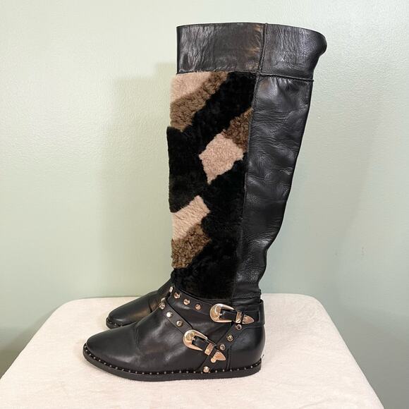Ivy Kirzhner New York Black Leather Sheep Fur Buckle Studded Booties Size 6B - Picture 3 of 12